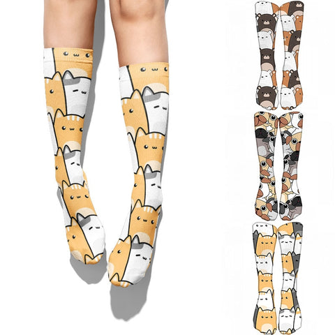 Unisex Cartoon Cat & Dog Print Long Socks